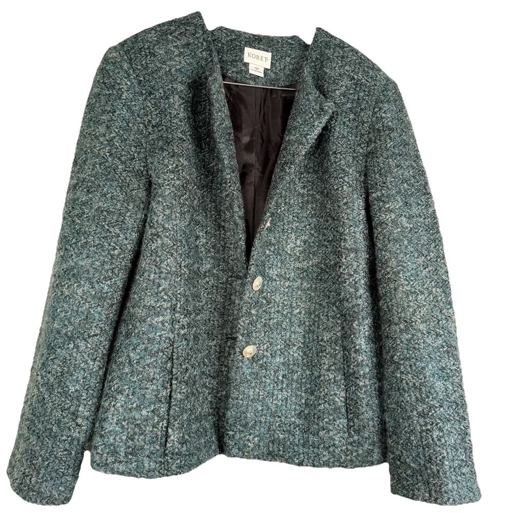 Vintage Koret Womens SZ-14‎ R Tweed Blazer Jacket Green-55% Acrylic (Trim 100%